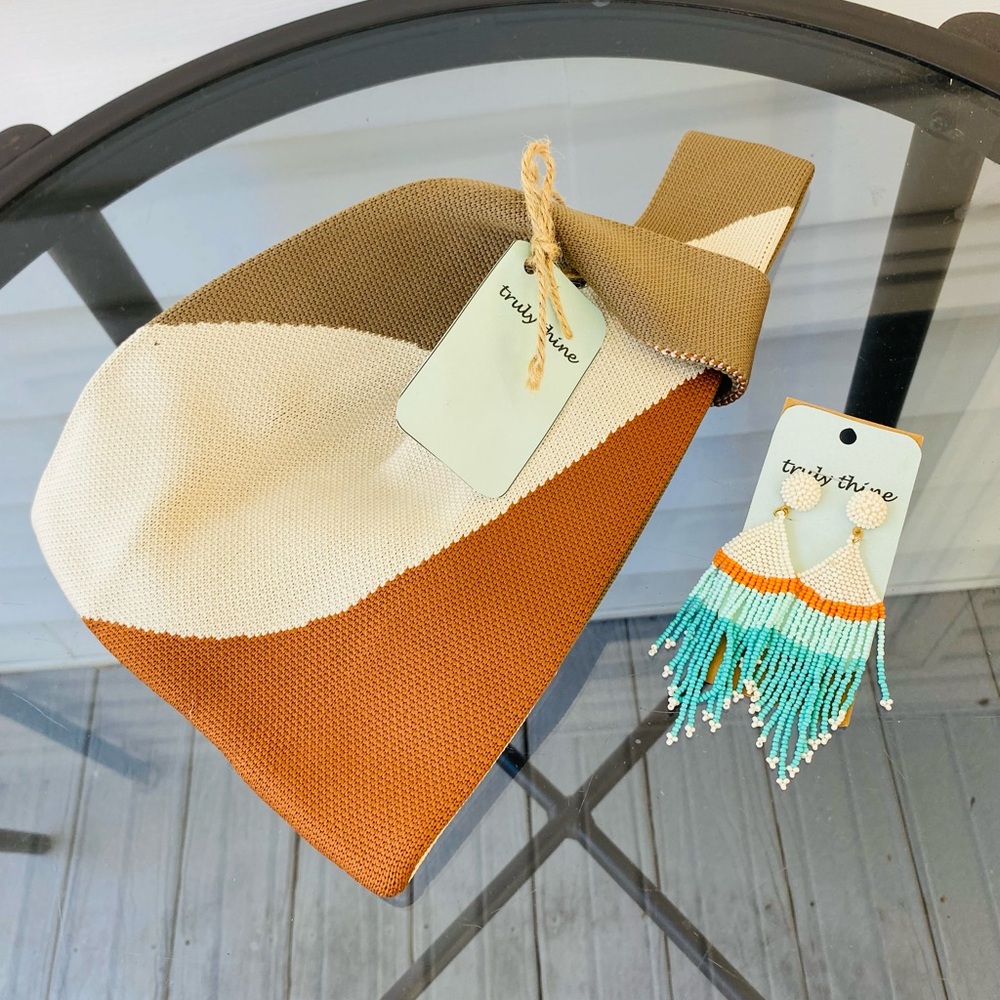 Stylish Color Block Clutch and Beaded Earrings